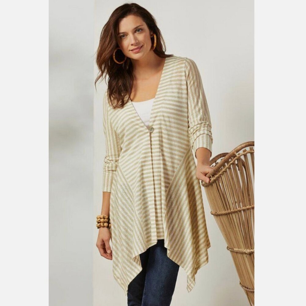 Soft Surroundings Cascadia Cardigan Natural Striped Linen Medium Lagenlook